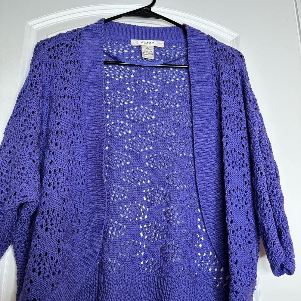 Jenny Purple Open Knit Cardigan 100% Cotton Lightweight Boho Layer Size L - Picture 2 of 6